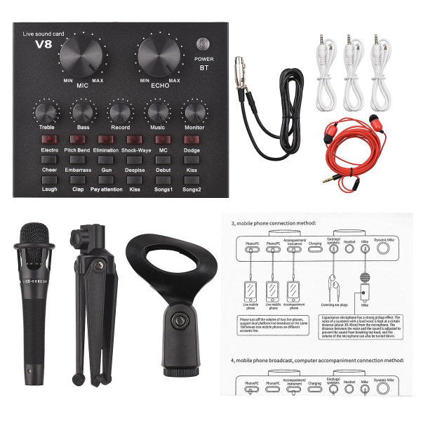 V8 Externt Live Ljudkort Mikrofon Set Mini Sound Mixer Board För Live Streaming Karaoke Sång Musikinspelning med 12 roliga ljudeffekter Bt Co