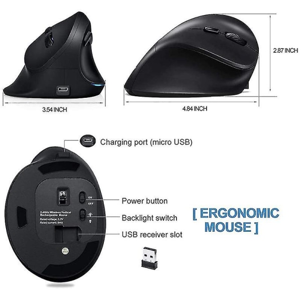 Vertikal trådlös mus, uppladdningsbar optisk tyst ergonomisk mus