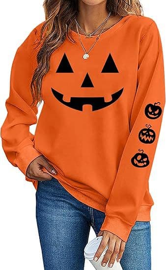 Dame Halloween Græskar-Ansigt Print Crewneck Sweatshirt – Orange Løs-Pasform Langærmet Pullover M