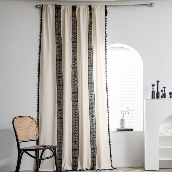 Boho-stil sorte stribede gardiner med frynser i bomuld/hør