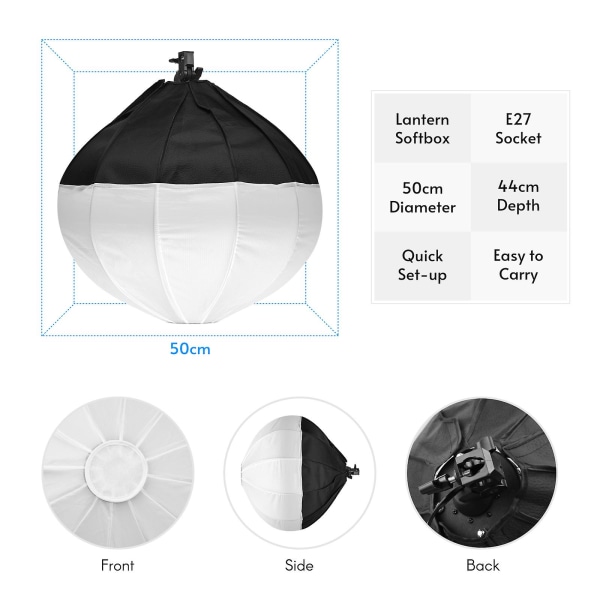 Photo Lantern Softbox Lighting Kit med 50 cm/ 19,7 tum sfärisk hopfällbar Softbox + 85w LED-lampa 3000k-6500k + Fjärrkontroll + 2m metall