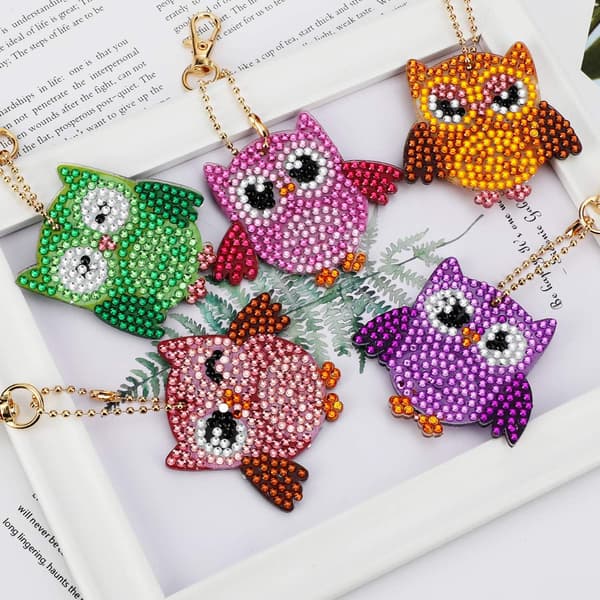 5 Stykker DIY Ugle Diamantmaleri Nøkkelringer, DIY 5D Mosaikkform