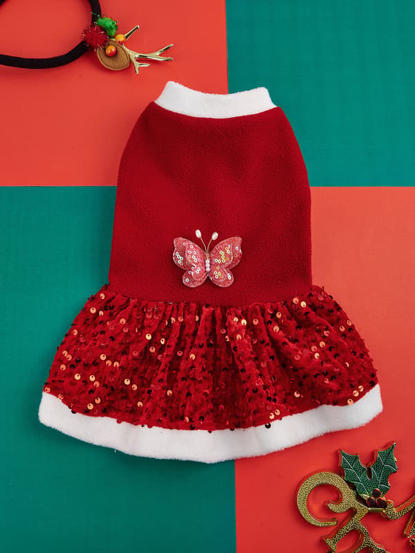 Kæledyr Julefleece & Paillet Prinsessekjole – Festligt Ferieoutfit til Små Hunde (Efterår/Vinter) L