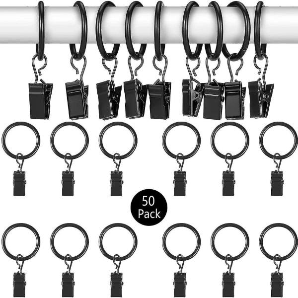 Gardinklämmor 50 st Rostsäkra gardinringar med klämmor Metallgardinklämmor Krok, innerdiameter 32mm(svart) Battqx