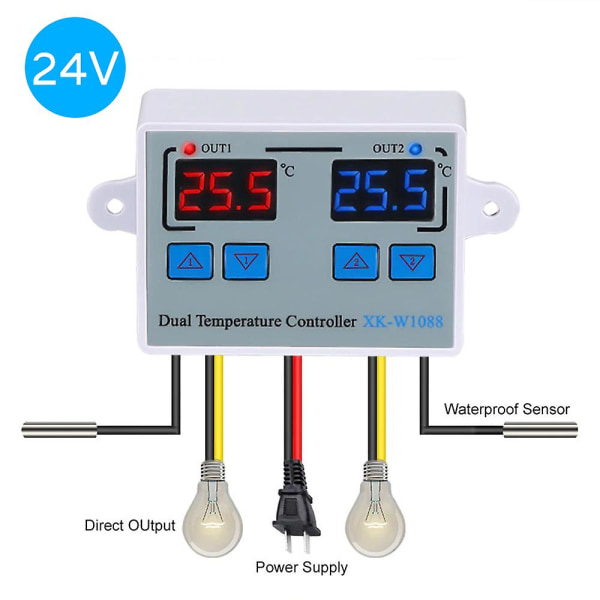 Dubbel digital termostat temperaturregulator Två reläutgångar termoregulator för inkubator Uppvärmning Kylning Xk-w1088 Dc24v