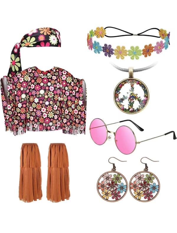 Hippie Halloween-kostymset, slipsfärgad cape-kostym - Blommig
