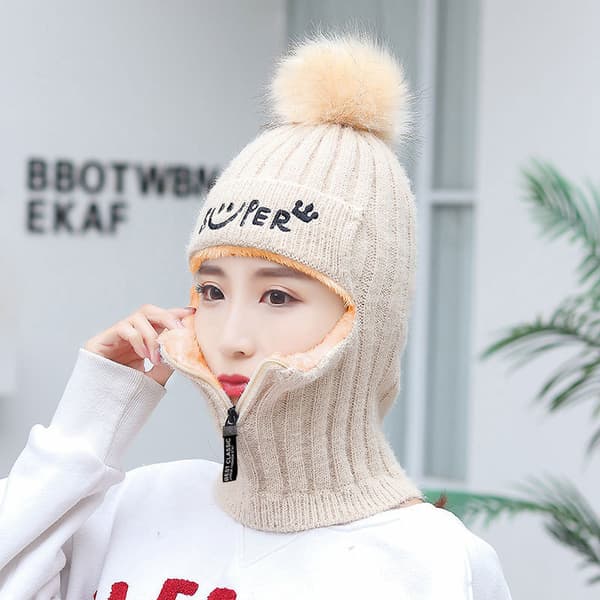 Lue Dame Vinter Strikket Ullue Varm Foret Lue - Beige