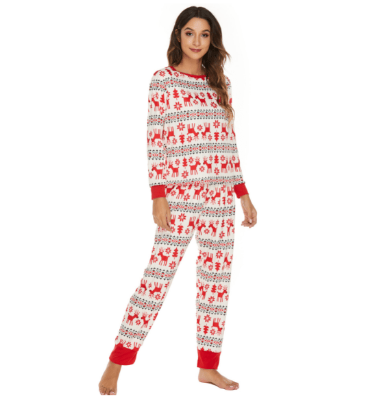 Sett for kvinner, julesett langermet trykk hvit White S