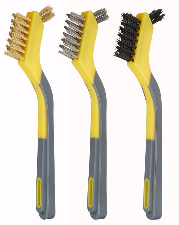 Mjukt grepp kombinationsborste mini set, 1 nylon, 1 mässing, 1 rostfritt