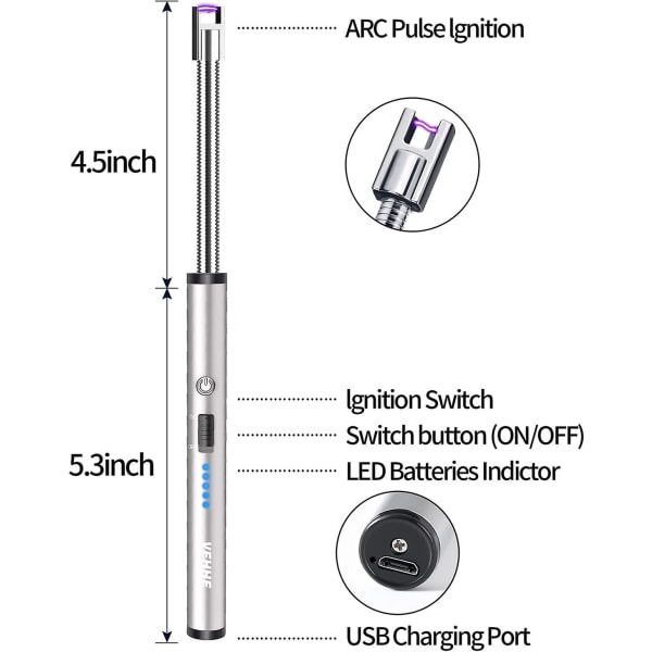 Elektrisk ljuständare, USB uppladdningsbar ljusbågständare med LED-batteridisplay Lång Flexibel 360 vindtät för kök BBQ Ljus Gasspis Camping, S