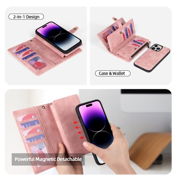 iPhone 14 Pro Max Multifunktionelt Telefoncover - Pink