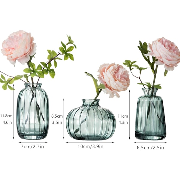 Retro tre-delad uppsättning av transparenta heminredningsartiklar, vardagsrumsblomsterställ, fickdekorativ blomsterarrangemangsglasvas Green