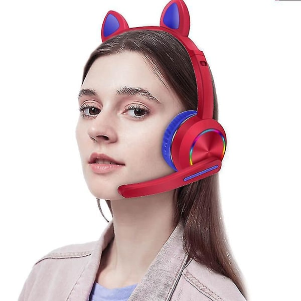 Trådlösa hörlurar med mikrofon för barn Cat Ear-hörlurar LED-ljus för studenter (röd)
