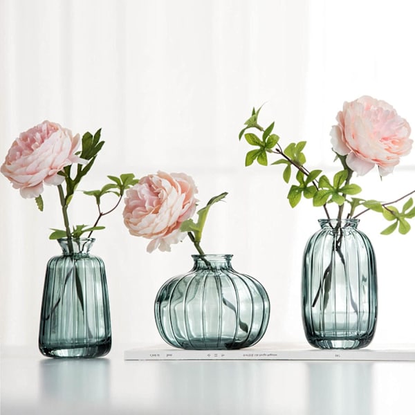 Retro tre-delad uppsättning av transparenta heminredningsartiklar, vardagsrumsblomsterställ, fickdekorativ blomsterarrangemangsglasvas Green