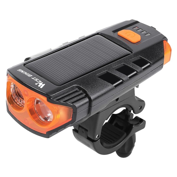 Solar Power Cykelljus USB Uppladdningsbar Led Cykelstrålkastare Vattentät Cykelhorn Varningslampa