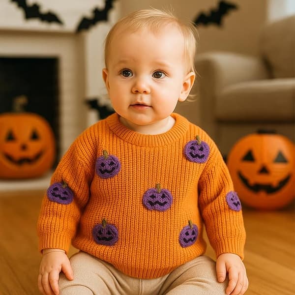 Spædbarn/Småbarn Halloween Lilla 3D Hæklet Græskar Sweater – Orange Rundhals Langærmet Pullover 6–9 months