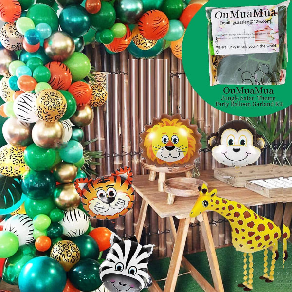 Djungelsafari temafest set, 151-pack, med djurballonger och palmblad