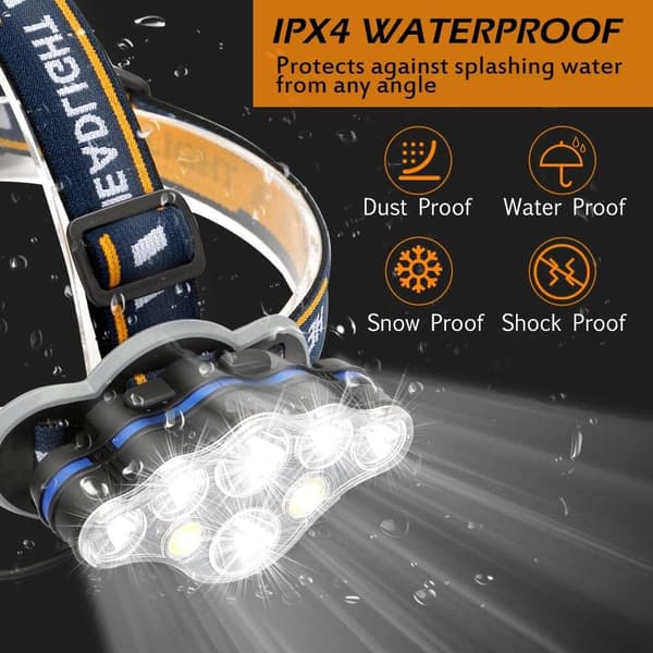 Ladesbar LED-hodelykt, Ultra Kraftig 8 LED-hodelykt, Vanntett