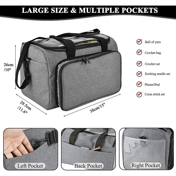 Virkad väska, bärbar förvaringsväska för garn, resväska för att skydda oavslutade projekt och förhindra att garn trasslar (grå)