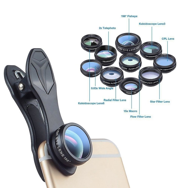 10-i-1 telefonkameralinssats makrolins för telefon Fish Eye Wide Macro Star Filterlinser Multifunktionell mobiltelefonlins Hd