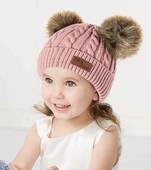 Spädbarns- och småbarnsullhatt i enfärgad vintermodell med dubbla pompom