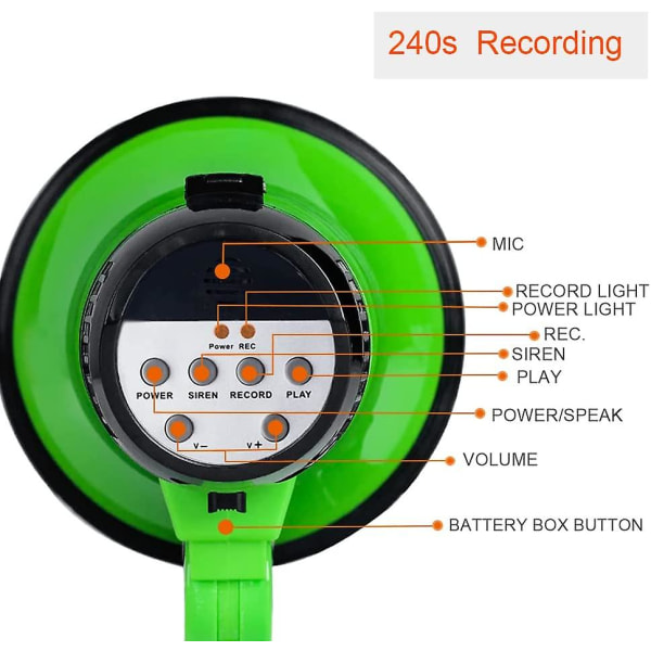Bärbar megafon bullhorn 25 watt power megafonhögtalare röst och siren/larmlägen (grön)