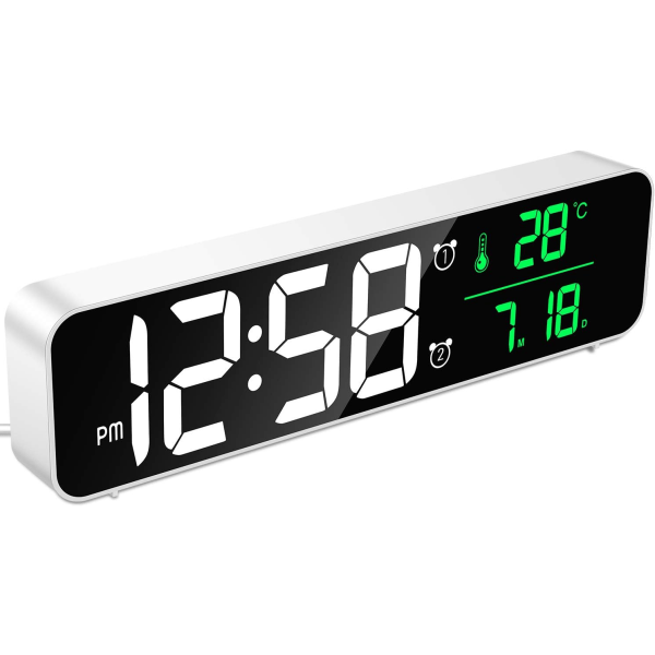 Digital väckarklocka, väggklocka Morgonväckarklocka LED Digital spegel Stor skärm med datumtemperatur, vit