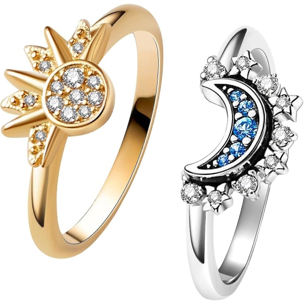 Celestial Sun and Moon Ring Set, gnistrande solring/blå månring 17k guld/silverpläterad
