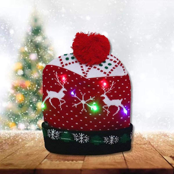 Led julmössa Light Up Stickad Färgglada Ljus Älg Ugly Hat Unisex Vintertröja Cap Nyår Festdekorationer