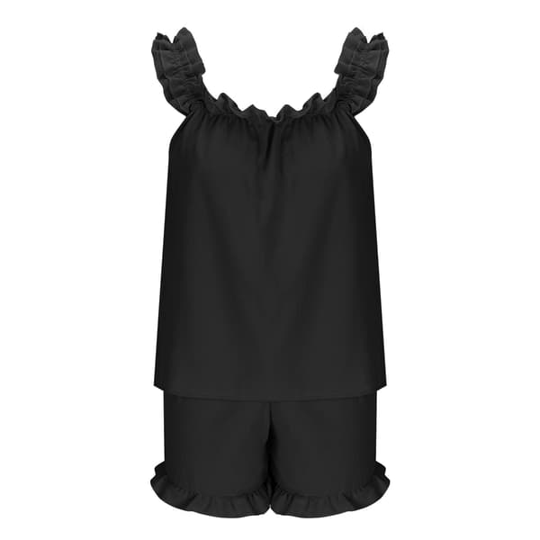 Kvinders blondebesatte stropløse shorts pyjamas sæt: Løstsiddende, åndbart sort ærmeløst sommer loungewear todelt sæt M