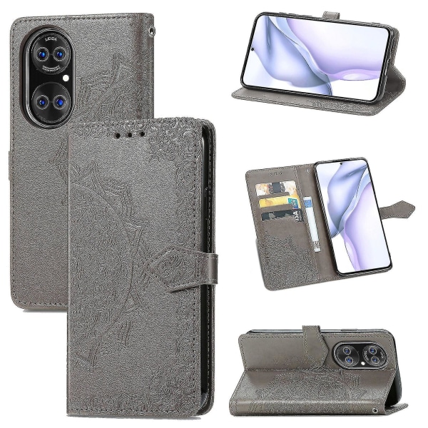 Huawei P50 Pro Case Cover Emboss Mandala Magnetic Flip Protection Stötsäker - Grå
