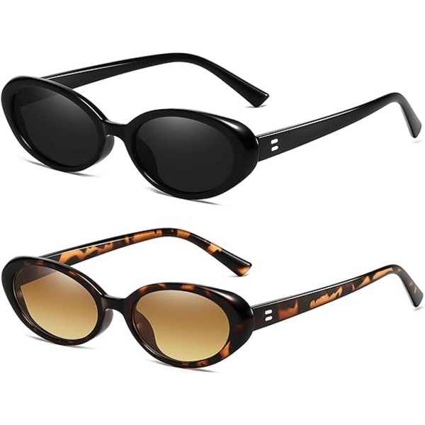 Retro ovala solglasögon för kvinnor män Mode små ovala solglasögon 90-tals vintage nyanser，2 stycken（svart, print brun）
