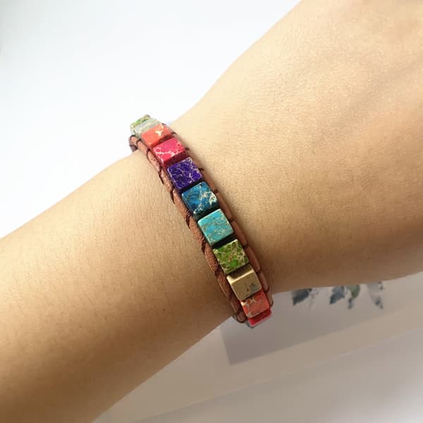 Chakra-armband med äkta ädelstenar, läder, boho, läkande yoga