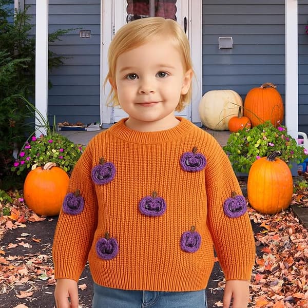 Spædbarn/Småbarn Halloween Lilla 3D Hæklet Græskar Sweater – Orange Rundhals Langærmet Pullover 6–9 months