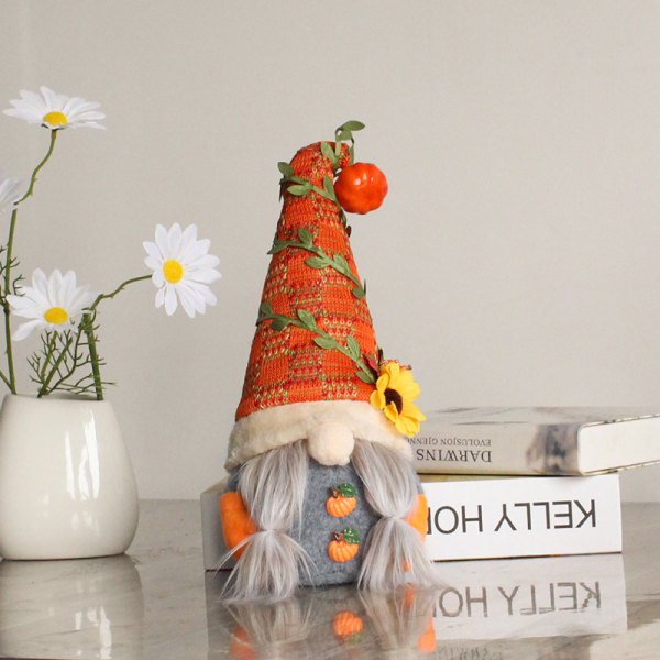 Elf Pumpkin Solros Gnome Ornament, Halloween Gnome, Ansiktslös docka Dekorativ fönsterdekoration