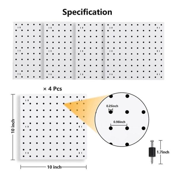 4-delad väggorganiserare i pegboard, vit pegboard väggmontering, pegboard för hobbyrum, garage, kök