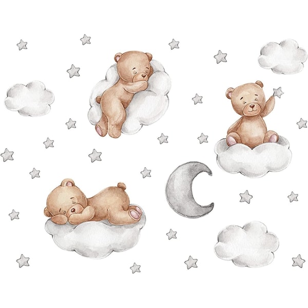 Väggdekor för djur för barnrum med björn, moln, stjärnor och måne - avtagbar