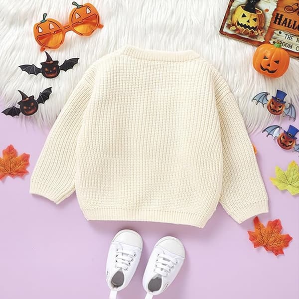 Spädbarn/Småbarn Halloween 3D Virkad Pumpatröja – Benvit Rundhalsad Långärmad Stickad Tröja 9-12 months