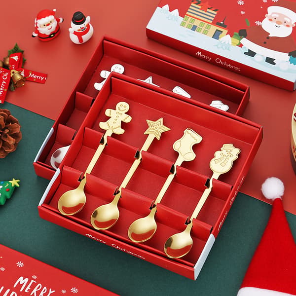 Bestickset i rostfritt stål Julsked Presentförpackning - 4-delad dessertsked Tecknad julklappsask - Guld