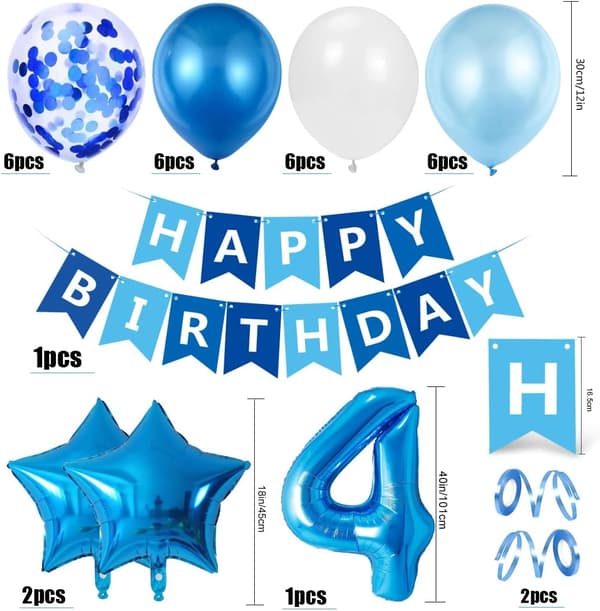 Ballong for 4-årsdag for gutt, blå dekorasjon for 4-årsdag