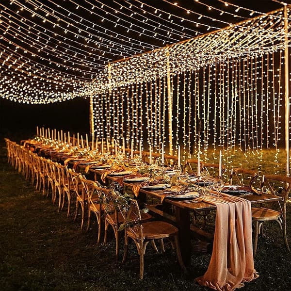 (varm hvit) Gardinlys 6m x 3m, 600 LED, 8 julelys