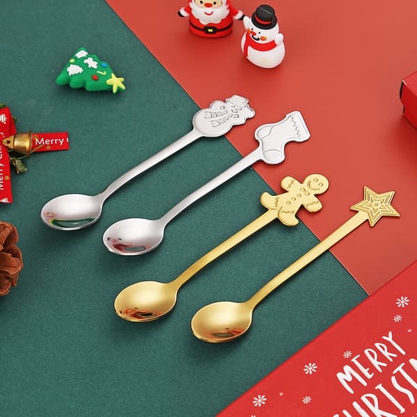 Bestickset i rostfritt stål Julsked Presentförpackning - 4-delad dessertsked Tecknad julklappsask - Guld