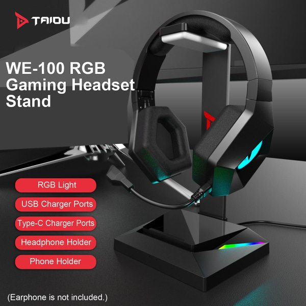 Taidu We-100 Rgb Gaming Headset Stativ Med USB/type-c Laddare Portar Gaming Headset Hållare Hängare Med stabil bas För alla Over-ear hörlurar