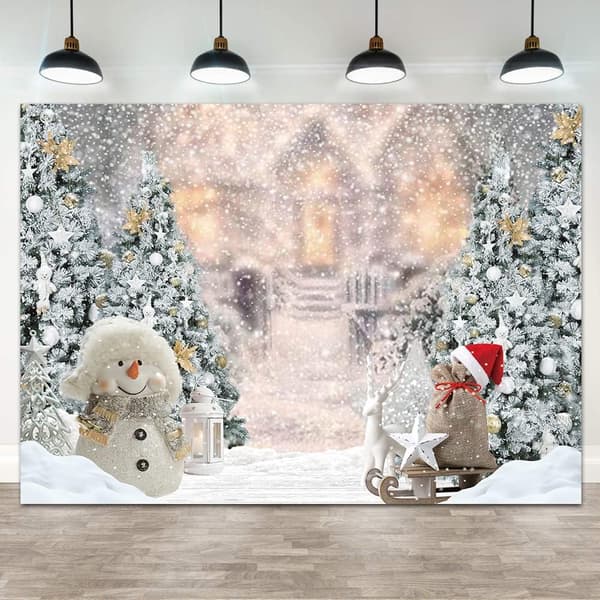 1 stk. Vinterjulebakgrunn - Juletre, Snømann, Snøflak