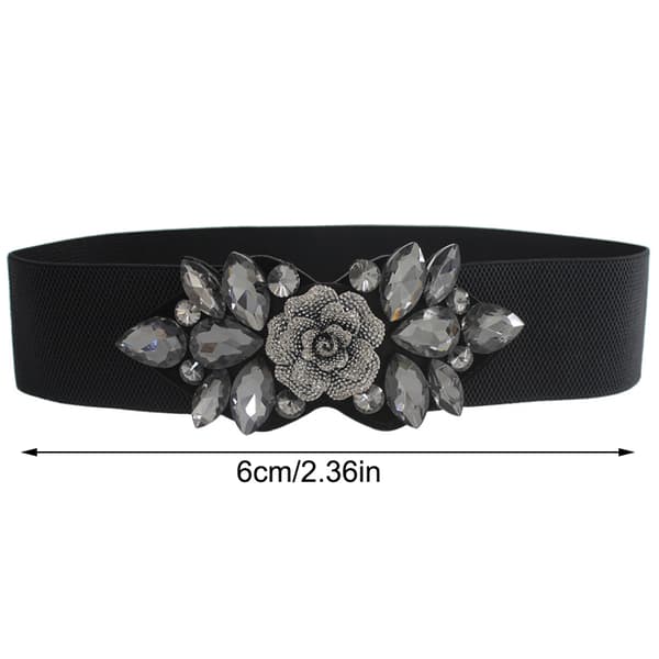 Kvinna Rose Flower Rhinestone Elastiskt midjeband Black