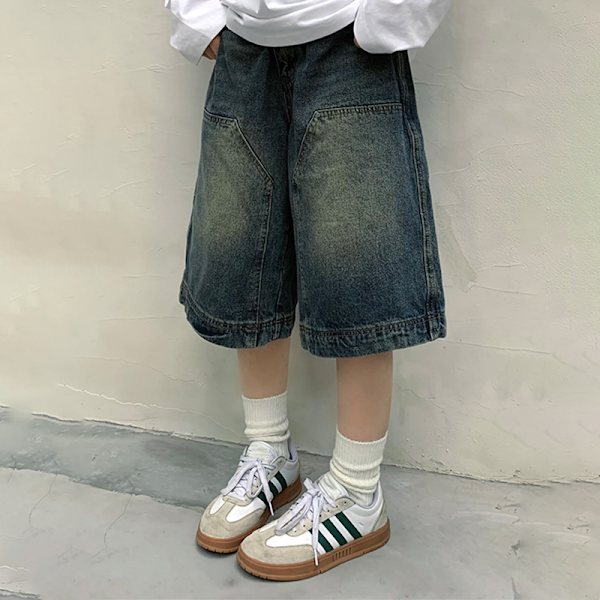Unisex tvättade vida ben Capri jeansshorts Blue M