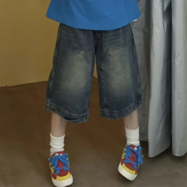 Unisex tvättade vida ben Capri jeansshorts Blue XXL
