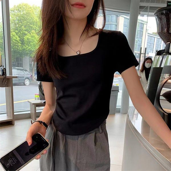 Kvinnor Enfärgad Krage Korta Ärmar T-shirt Crop Top Coffee XL