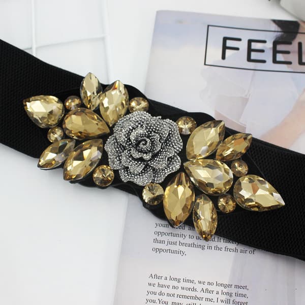 Kvinna Rose Flower Rhinestone Elastiskt midjeband White