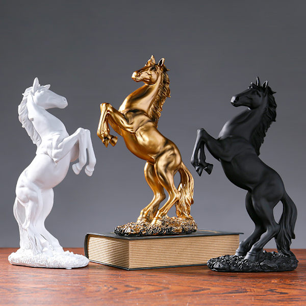 Resin Staty Gyllene Vit Svart Häst Figur Ornament Figuriner White